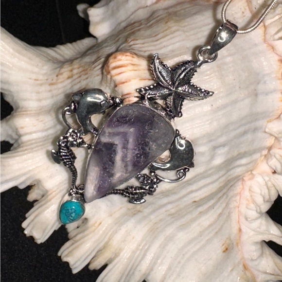 Chevron Amethyst +  Santa Rosa Turquoise + Starfish + Dolphin statement Pendant - Picture 2 of 8